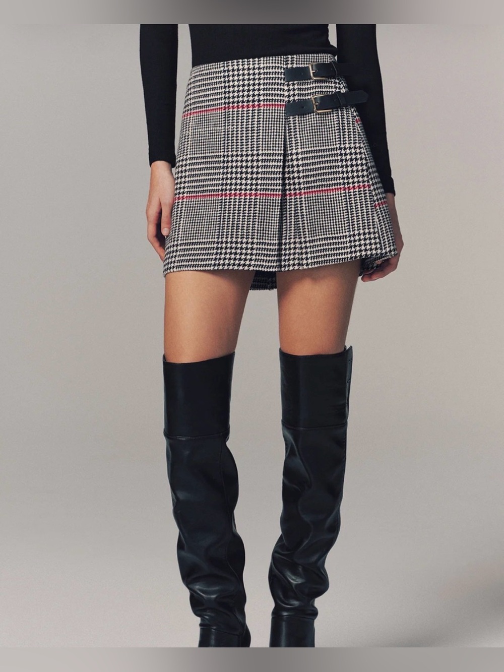 Commense Double Belt Accent Houndstooth Mini Skirt